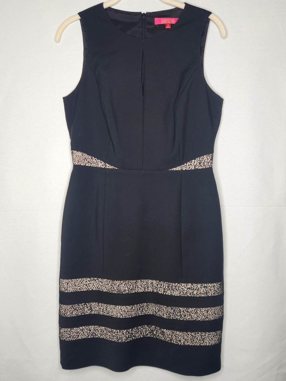 Catherine Malandrino Black Midi Sheath Dress with Gold Speckle Stripes